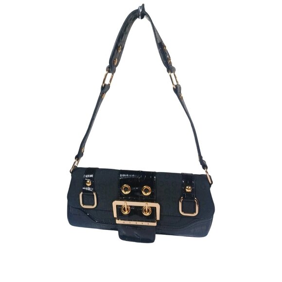 Y2K VTG Guess Black Leather Faux Croc Big Buckle Micro Mini Bag Mcbling Soho - Picture 1 of 14